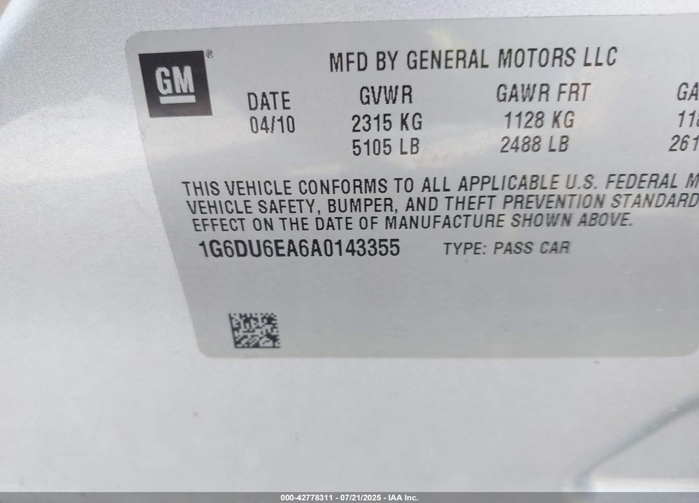 2010 CADILLAC STS VIN: 1G6DU6EA6A0143355