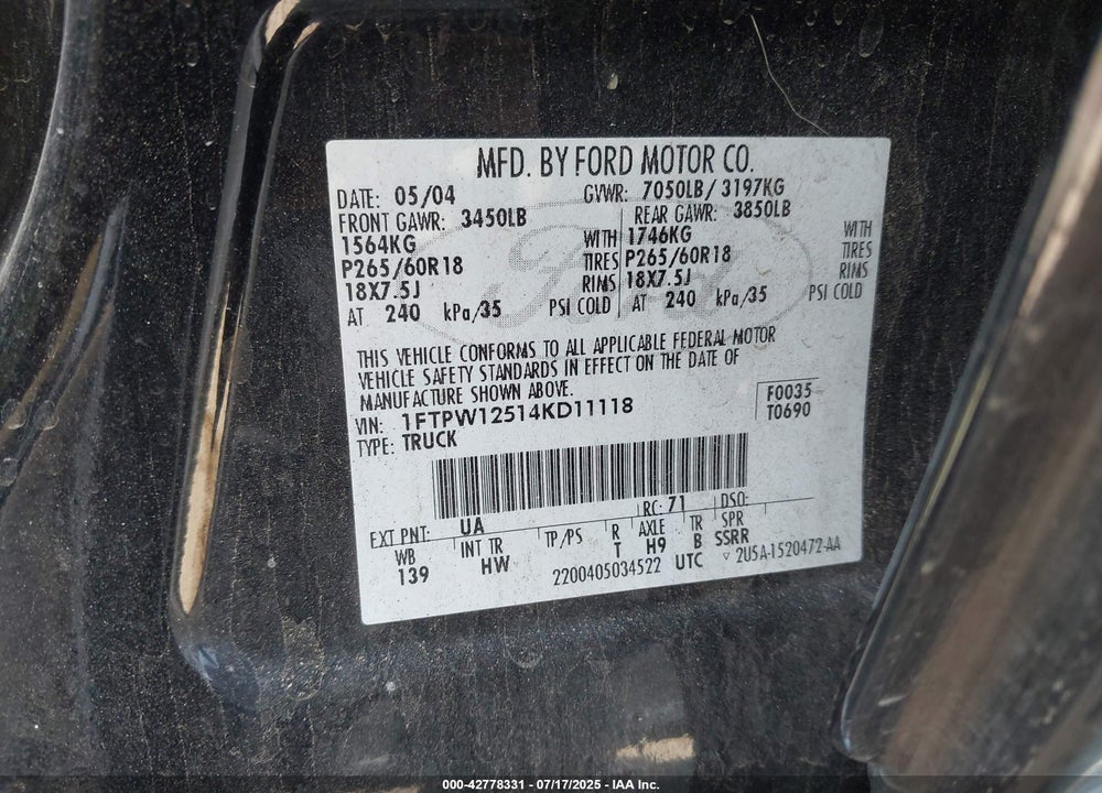 2004 FORD F-150 LARIAT/XLT VIN: 1FTPW12514KD11118
