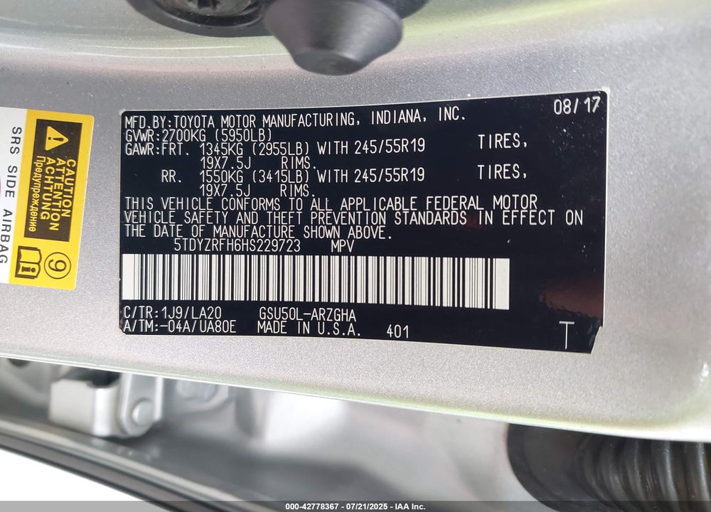 2017 TOYOTA HIGHLANDER VIN: 5TDYZRFH6HS229723