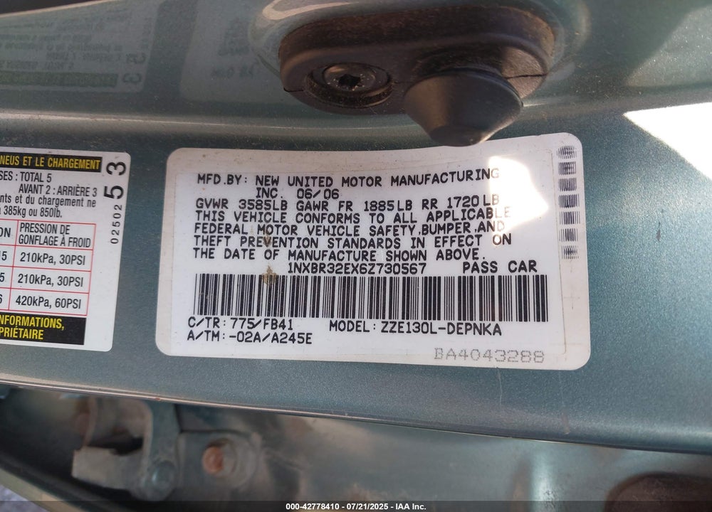 2006 TOYOTA COROLLA VIN: 1NXBR32EX6Z730567