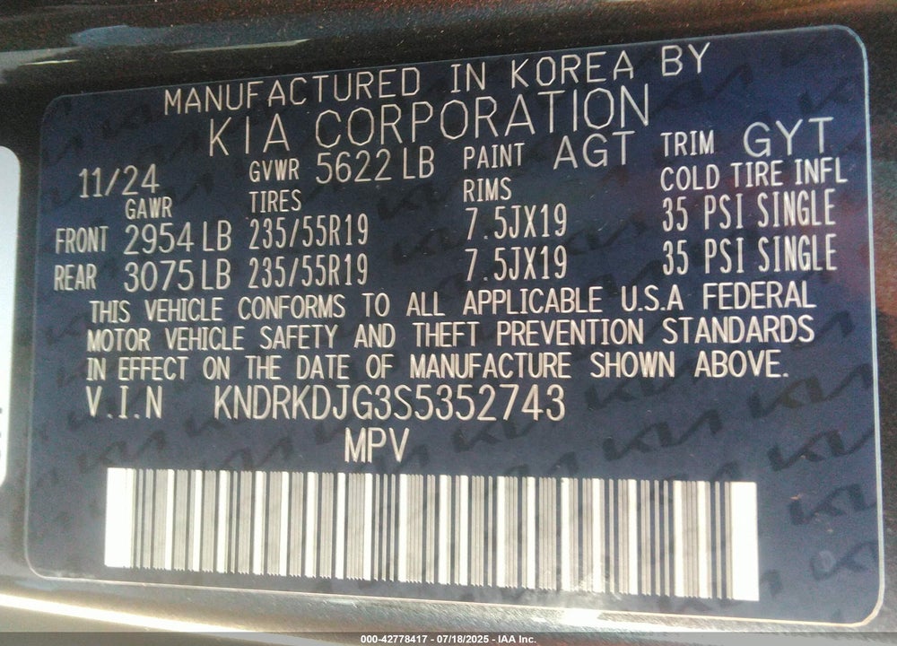 2025 KIA SORENTO HYBRID VIN: KNDRKDJG3S5352743