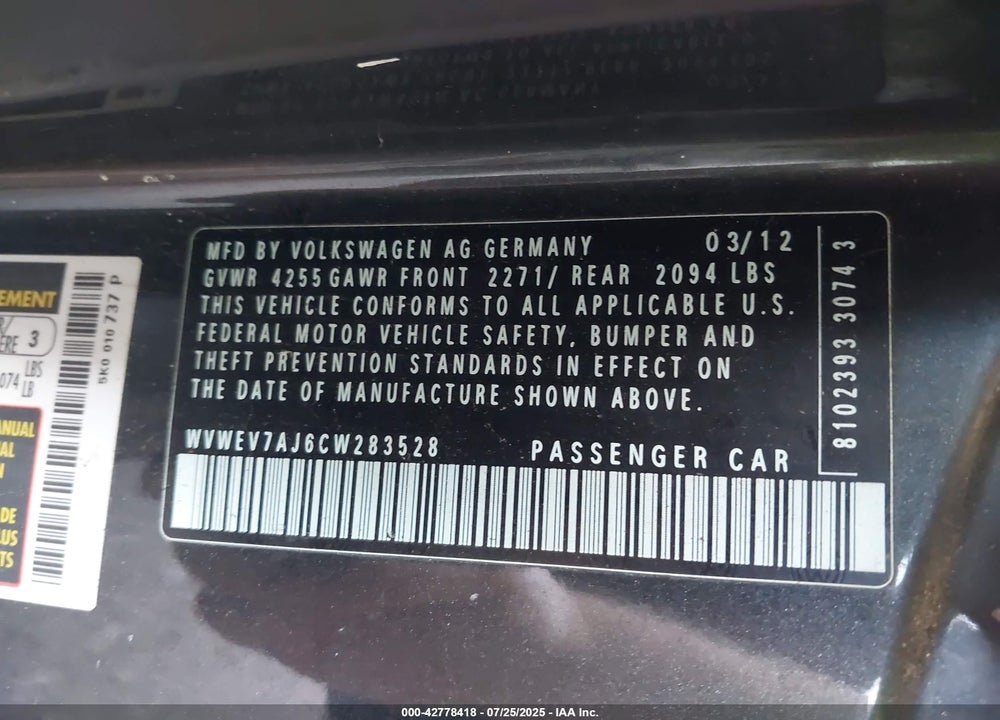2012 VOLKSWAGEN GTI VIN: WVWEV7AJ6CW283528