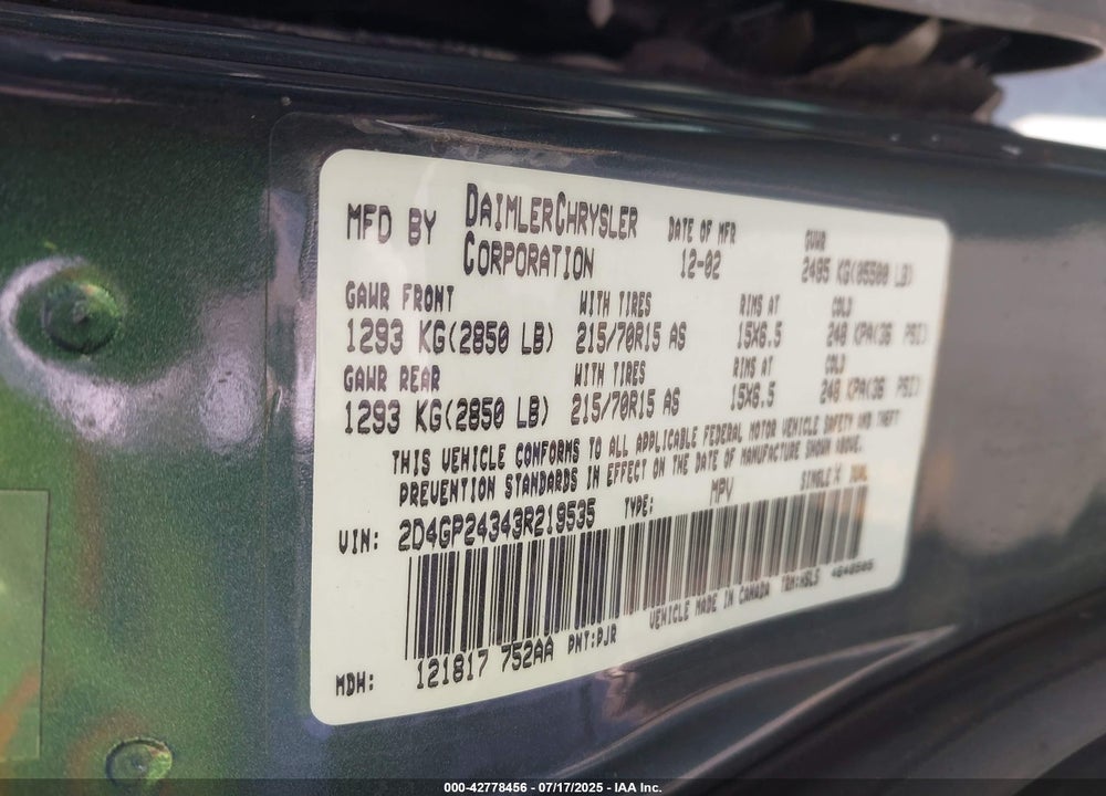 2003 DODGE GRAND CARAVAN VIN: 2D4GP24343R219535