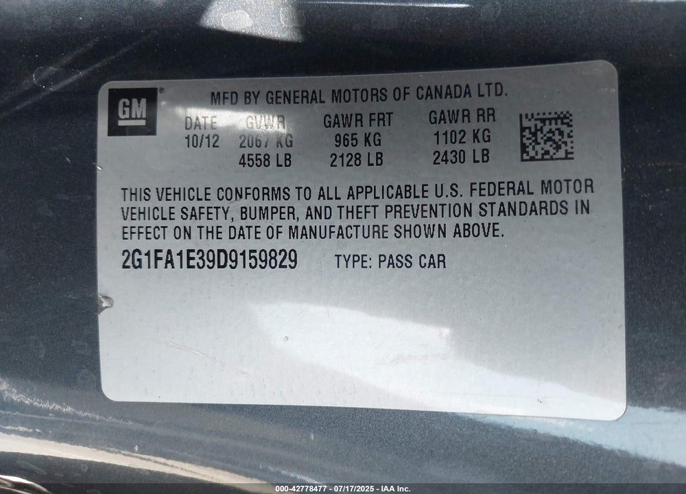 2013 CHEVROLET CAMARO VIN: 2G1FA1E39D9159829