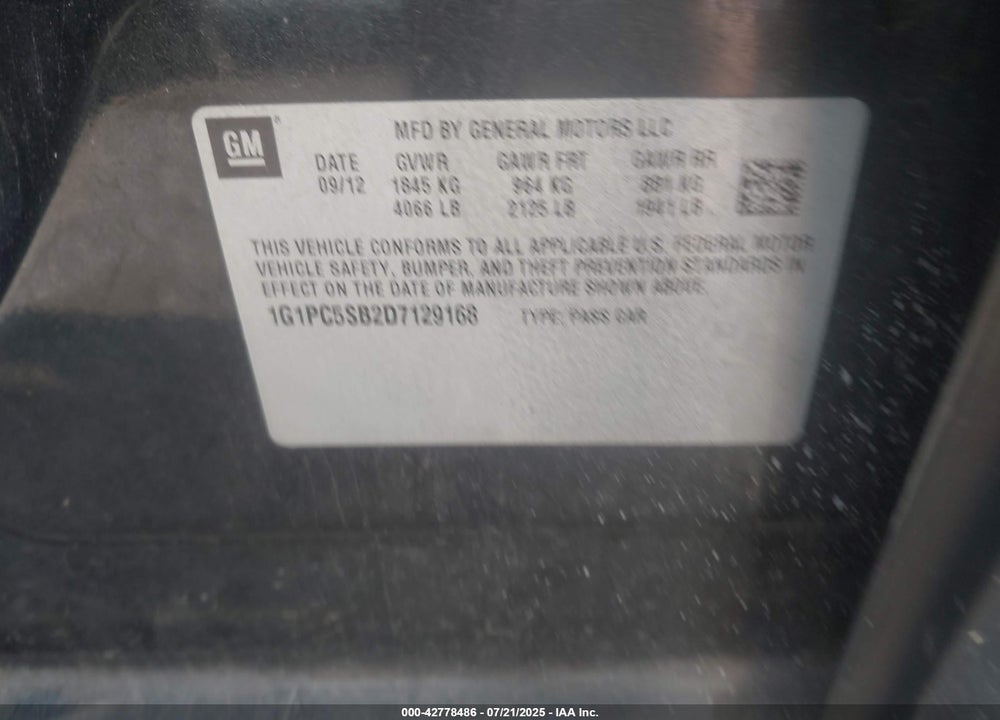 2013 CHEVROLET CRUZE VIN: 1G1PC5SB2D7129168
