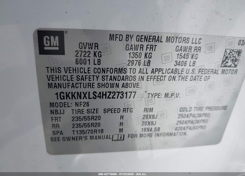 2017 GMC ACADIA VIN: 1GKKNXLS4HZ273177