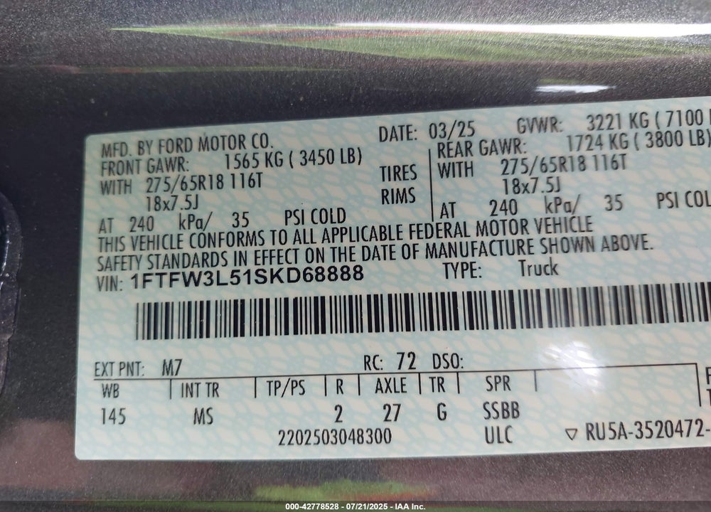 2025 FORD F-150 VIN: 1FTFW3L51SKD68888