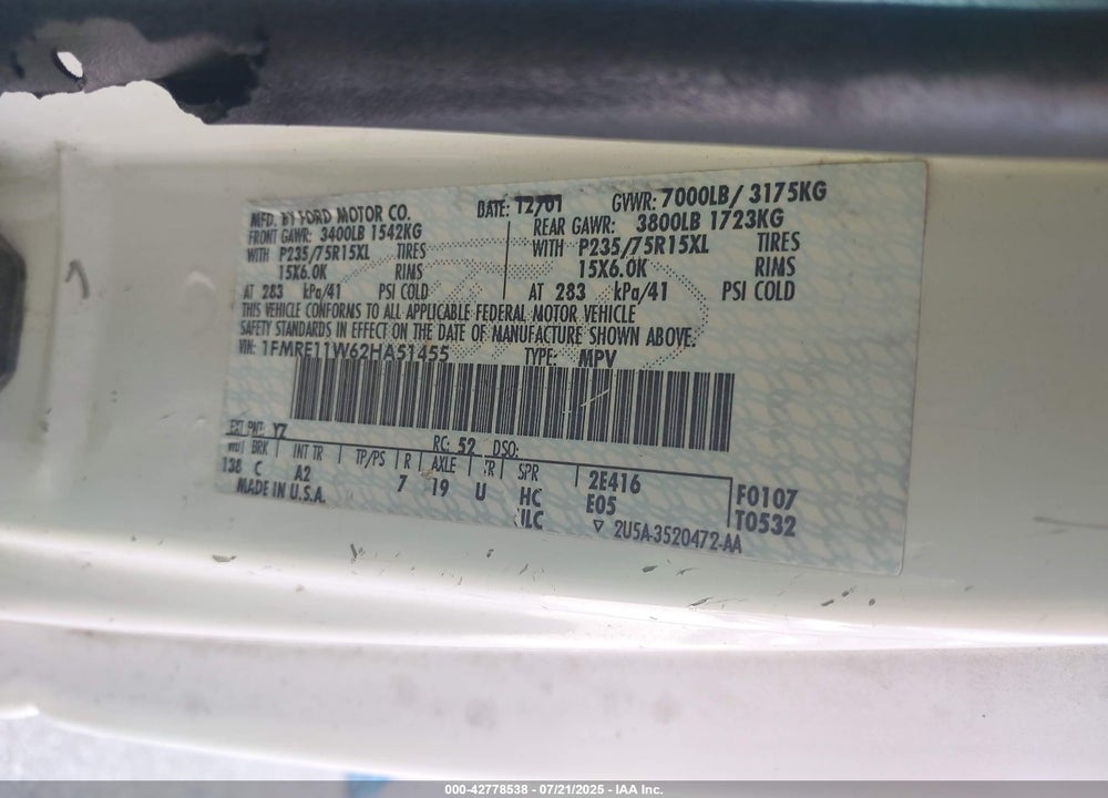2002 FORD E-150 XL/XLT VIN: 1FMRE11W62HA51455