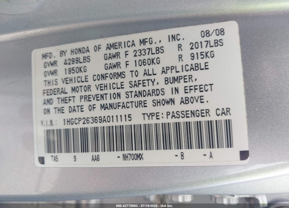 2009 HONDA ACCORD VIN: 1HGCP26369A011115