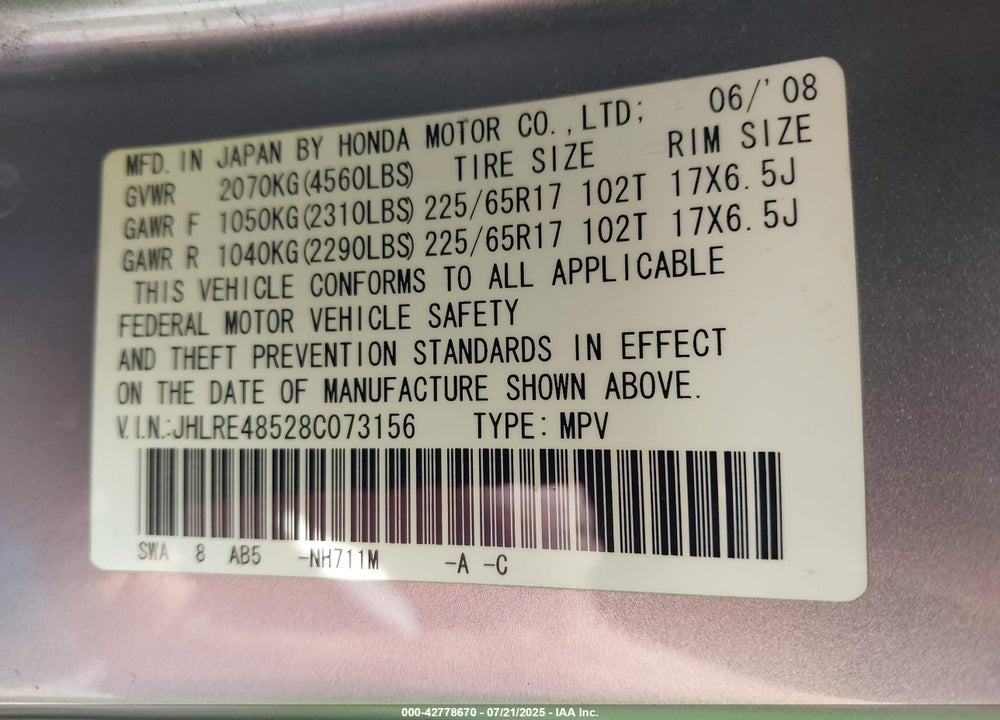 2008 HONDA CR-V VIN: JHLRE48528C073156