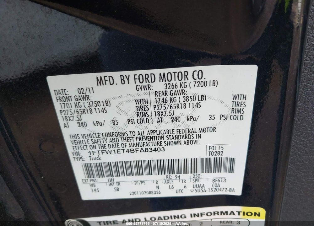 2011 FORD F-150 VIN: 1FTFW1ET4BFA83403