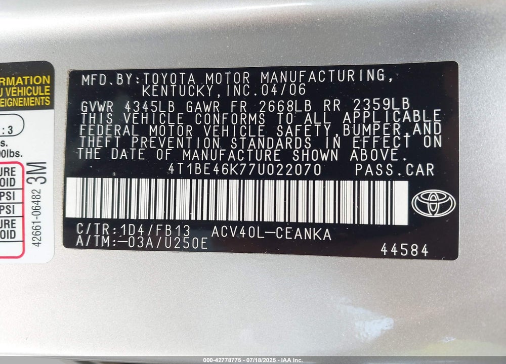 2007 TOYOTA CAMRY LE VIN: 4T1BE46K77U022070