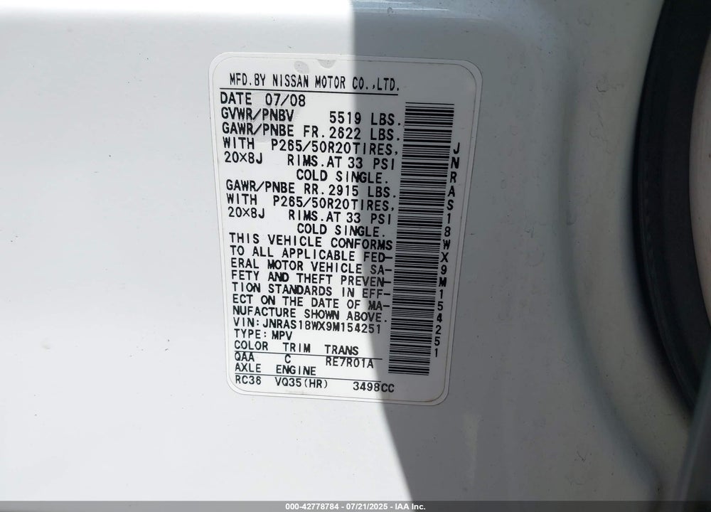 2009 INFINITI FX35 VIN: JNRAS18WX9M154251