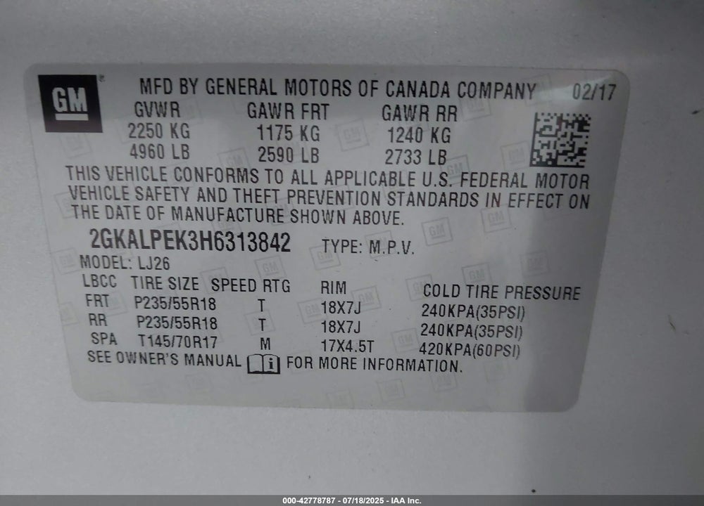 2017 GMC TERRAIN VIN: 2GKALPEK3H6313842