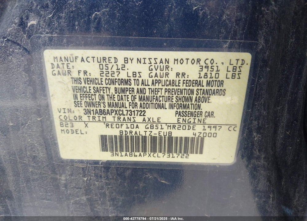 2012 NISSAN SENTRA VIN: 3N1AB6APXCL731722