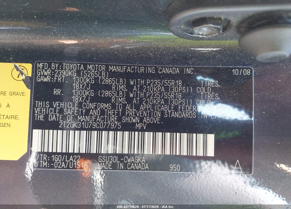2009 LEXUS RX 350 VIN: 2T2GK31U79C077975