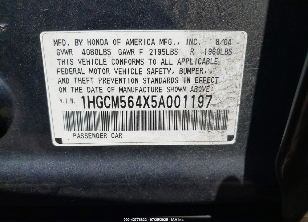 2005 HONDA ACCORD 2.4 LX VIN: 1HGCM564X5A001197