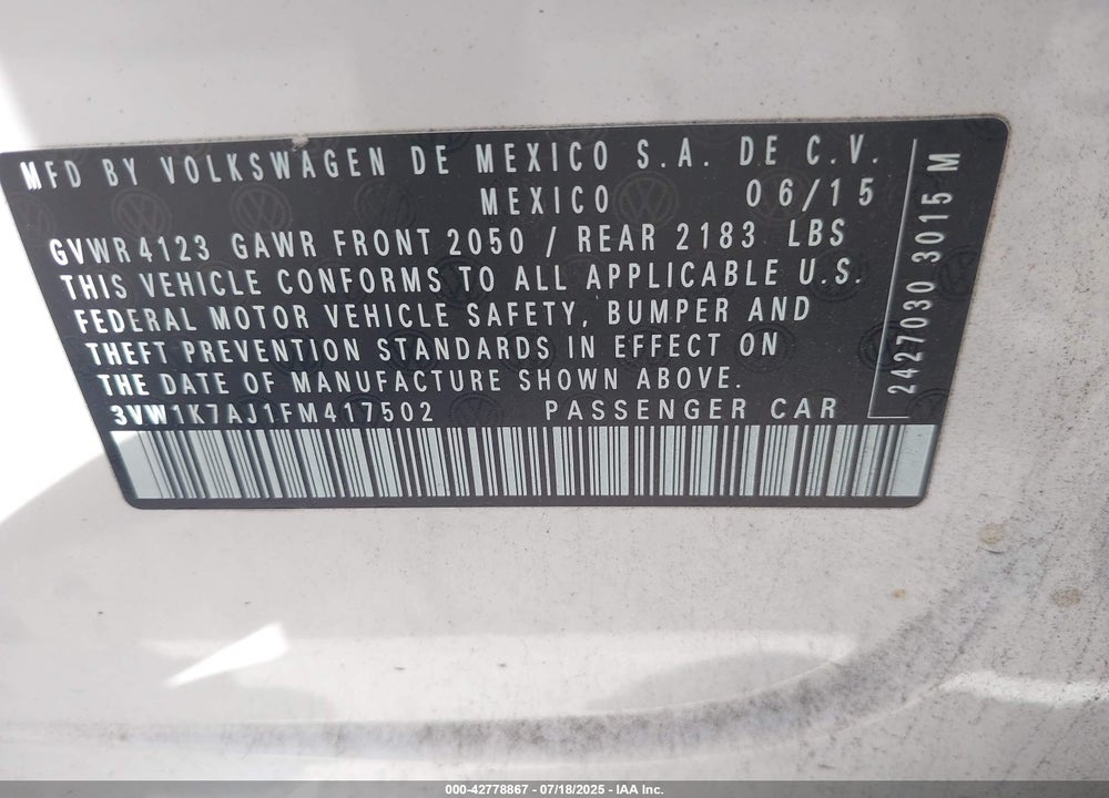 2015 VOLKSWAGEN JETTA VIN: 3VW1K7AJ1FM417502