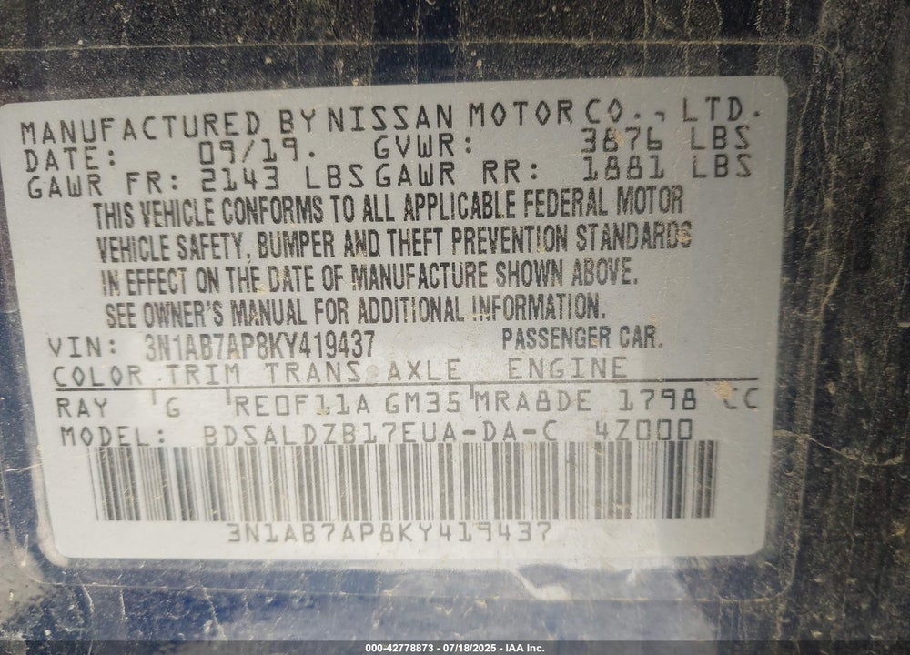 2019 NISSAN SENTRA VIN: 3N1AB7AP8KY419437