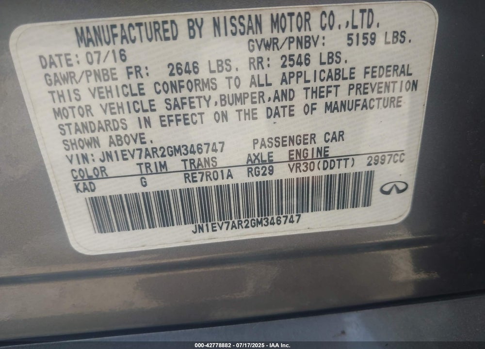 2016 INFINITI Q50 VIN: JN1EV7AR2GM346747
