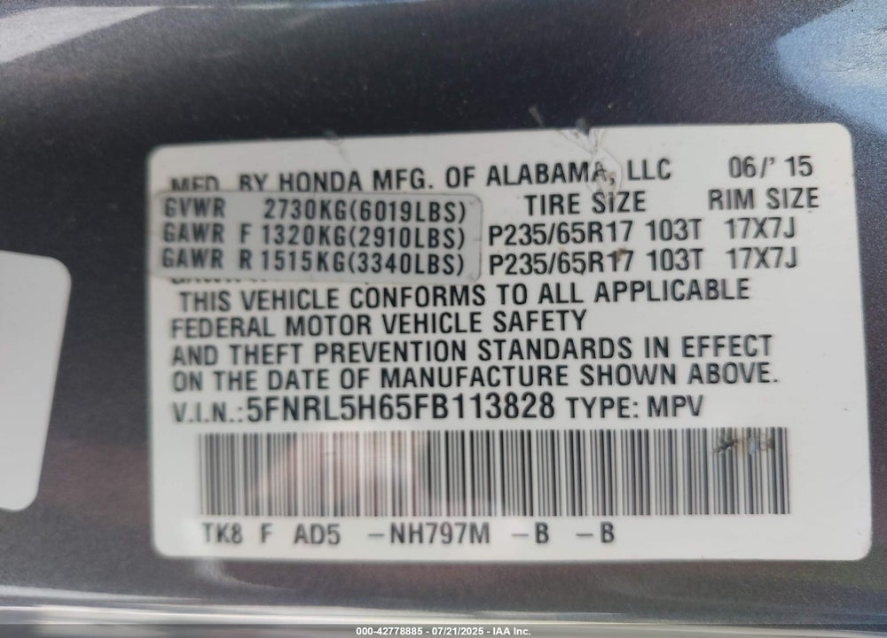 2015 HONDA ODYSSEY EX-L VIN: 5FNRL5H65FB113828