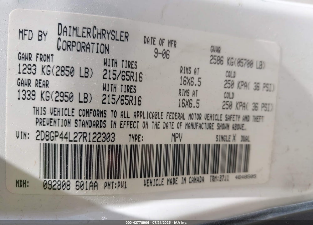 2007 DODGE GRAND CARAVAN SXT VIN: 2D8GP44L27R122303