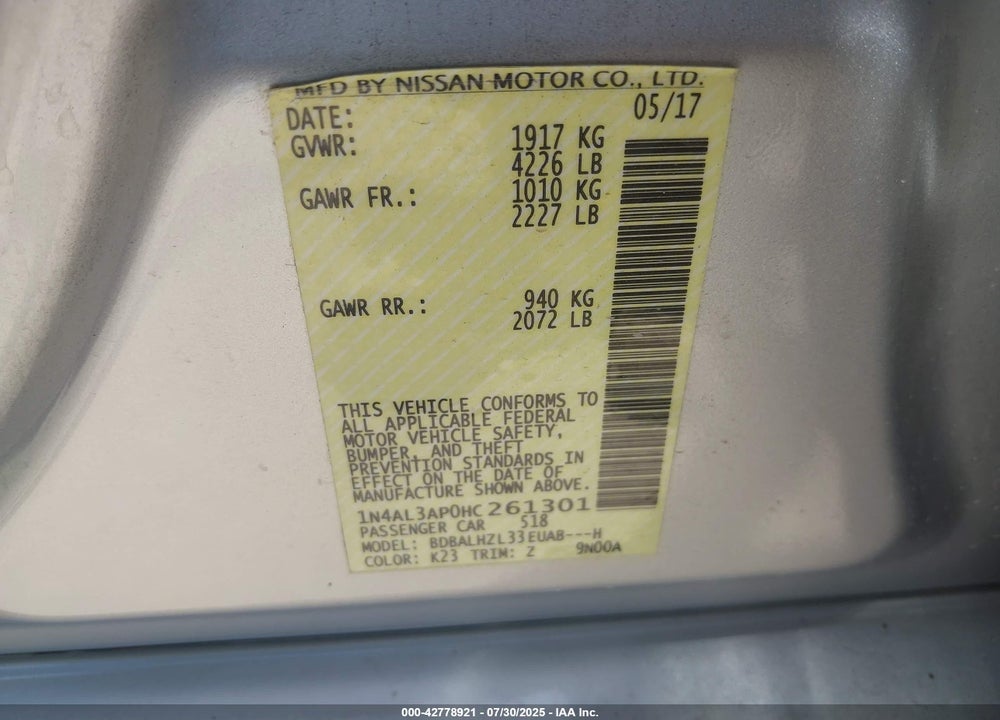 2017 NISSAN ALTIMA VIN: 1N4AL3AP0HC261301