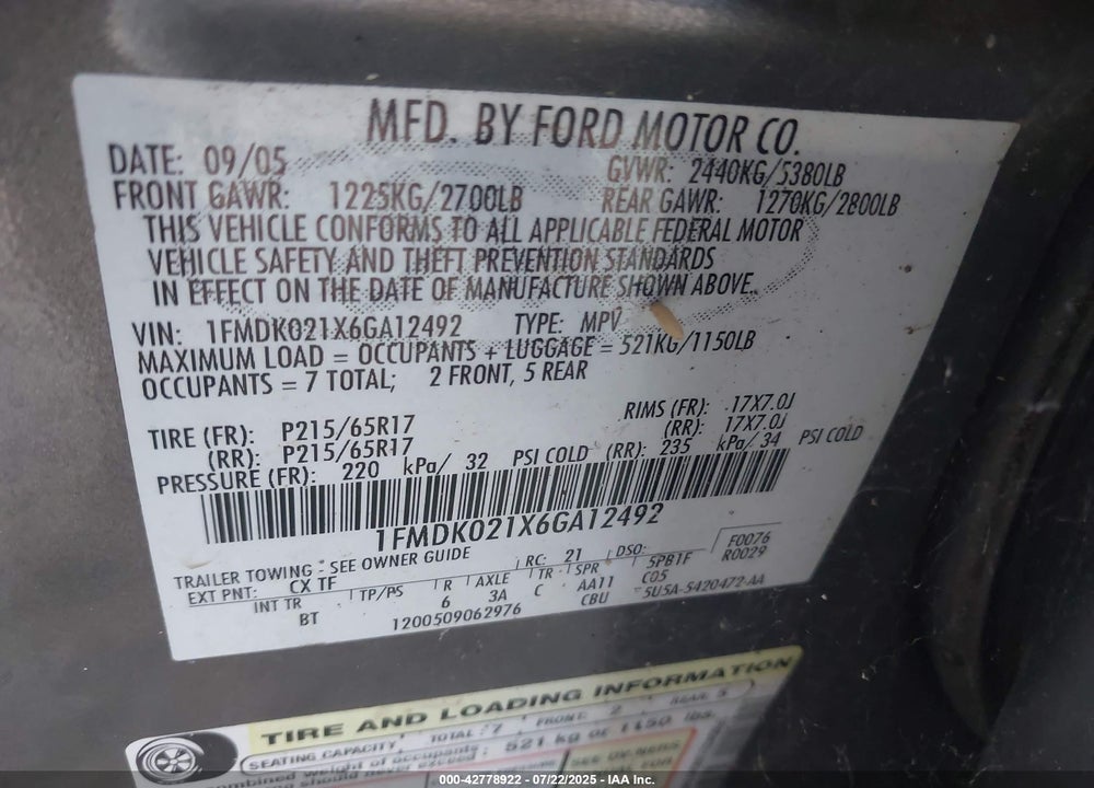 2006 FORD FREESTYLE VIN: 1FMDK021X6GA12492