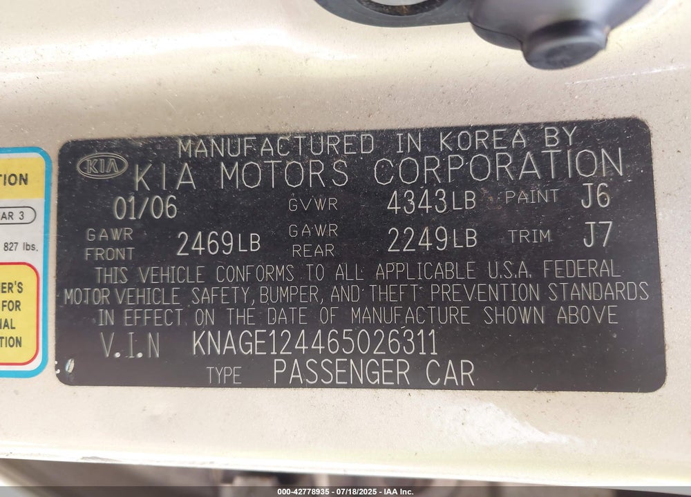 2006 KIA OPTIMA EX V6 (NEW)/LX V6 (NEW) VIN: KNAGE124465026311