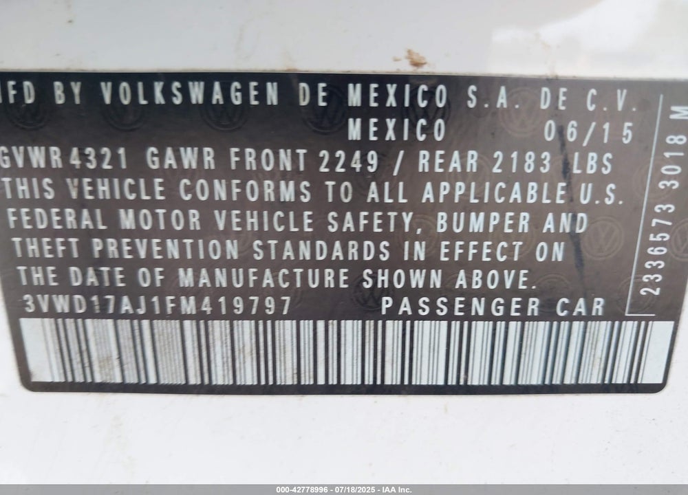 2015 VOLKSWAGEN JETTA VIN: 3VWD17AJ1FM419797