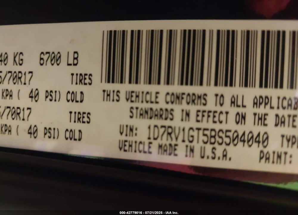 2011 RAM 1500 SLT VIN: 1D7RV1GT5BS504040