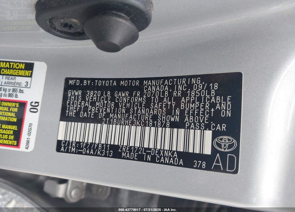 2019 TOYOTA COROLLA LE VIN: 2T1BURHE3KC181878
