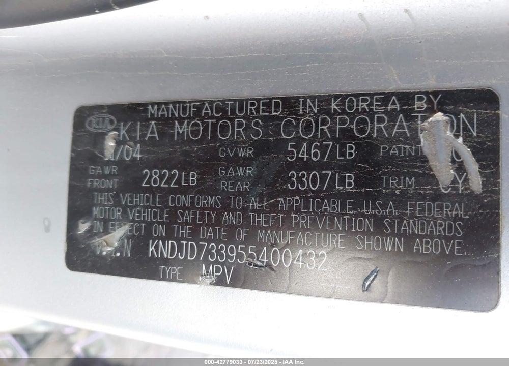 2005 KIA SORENTO EX/LX VIN: KNDJD733955400432