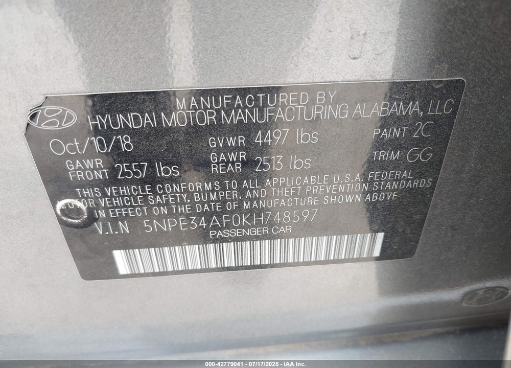 2019 HYUNDAI SONATA VIN: 5NPE34AF0KH748597