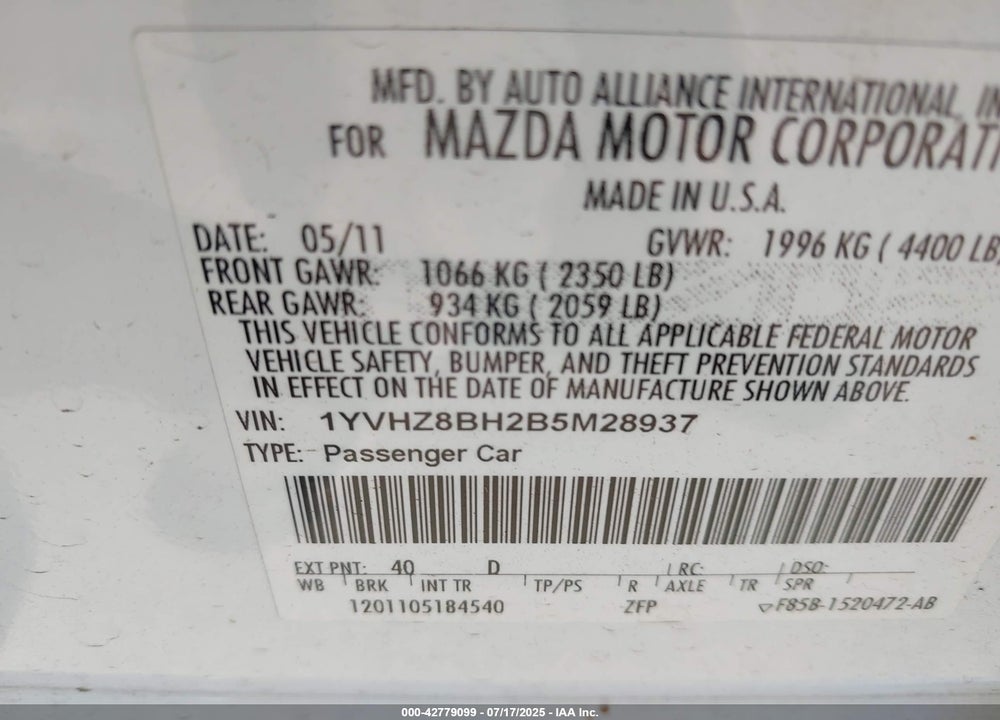 2011 MAZDA 6 VIN: 1YVHZ8BH2B5M28937