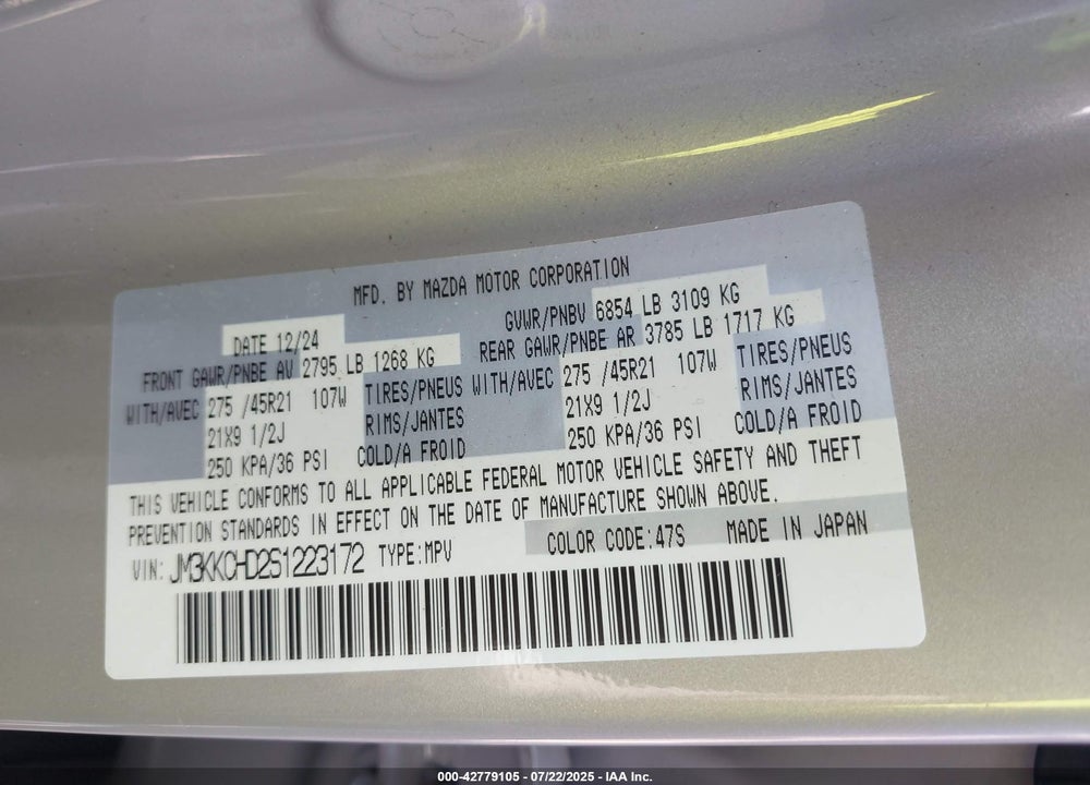 2025 MAZDA CX-90 VIN: JM3KKCHD2S1223172