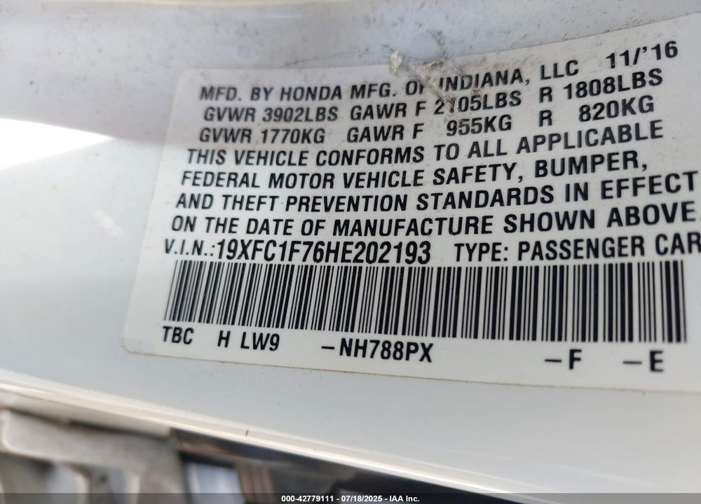 2017 HONDA CIVIC VIN: 19XFC1F76HE202193