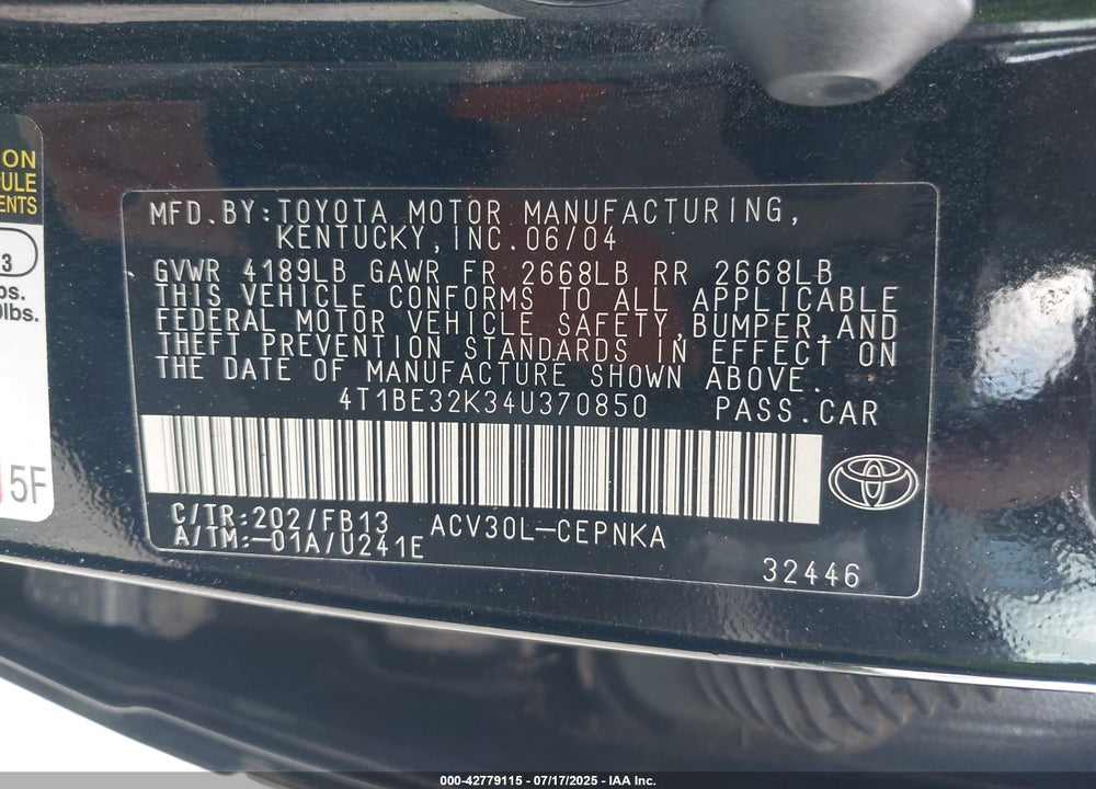 2004 TOYOTA CAMRY LE VIN: 4T1BE32K34U370850