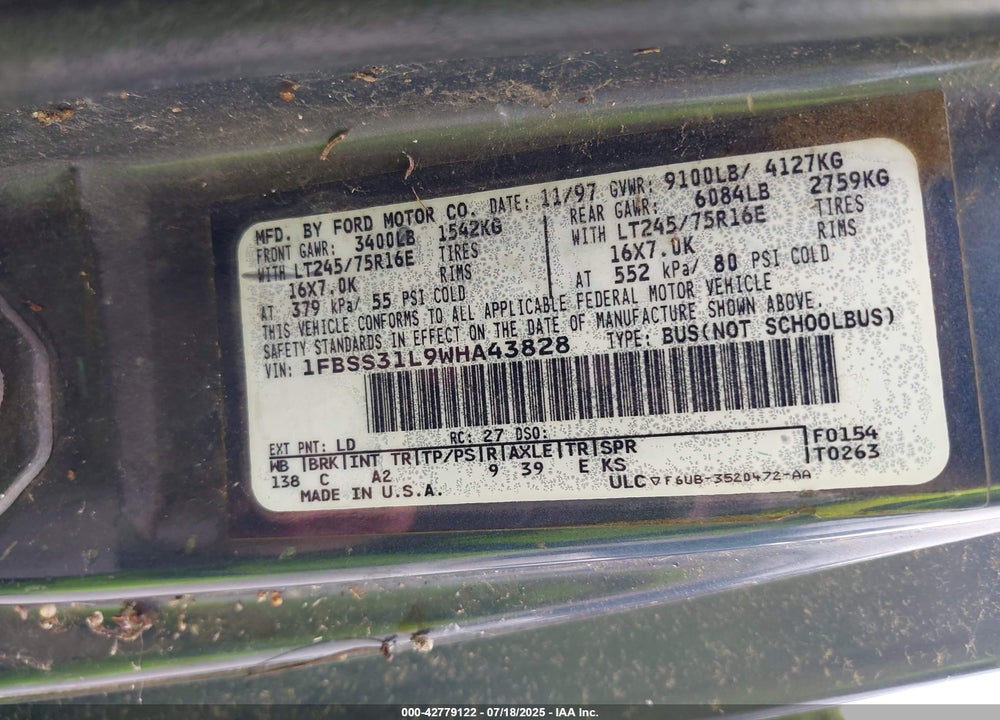 1998 FORD SUPER CLUB WAGON XL/XLT VIN: 1FBSS31L9WHA43828