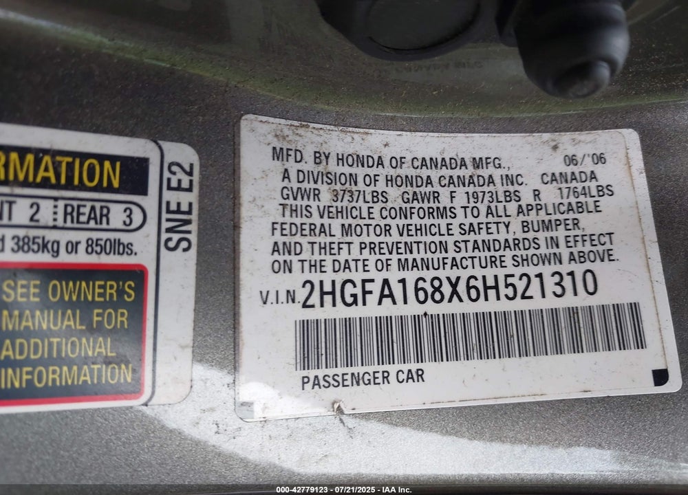 2006 HONDA CIVIC EX VIN: 2HGFA168X6H521310