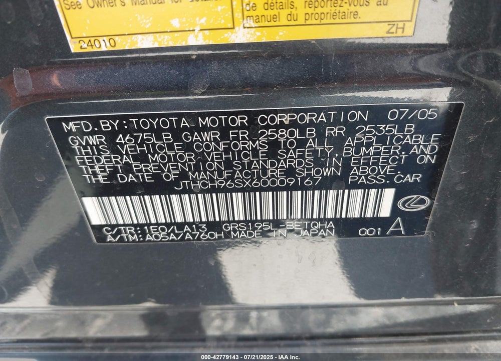 2006 LEXUS GS300 VIN: JTHCH96SX60009167