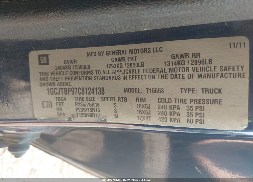 2012 CHEVROLET COLORADO VIN: 1GCJTBF97C8124138