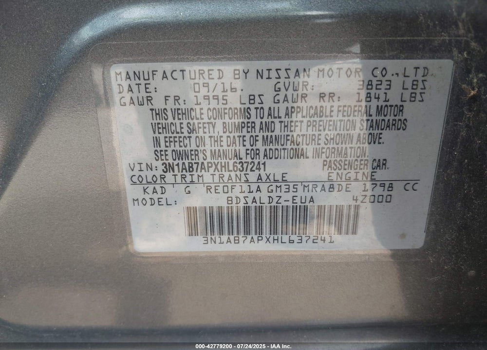 2017 NISSAN SENTRA VIN: 3N1AB7APXHL637241