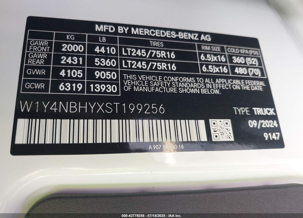 2025 MERCEDES-BENZ SPRINTER 2500 STANDARD ROOF 4-CYL DIESEL HO VIN: W1Y4NBHYXST199256