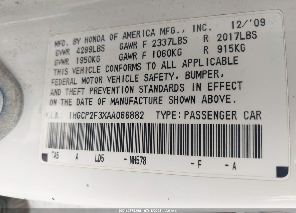 2010 HONDA ACCORD VIN: 1HGCP2F3XAA066882