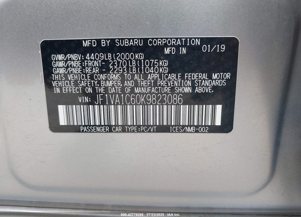 2019 SUBARU WRX VIN: JF1VA1C60K9823086