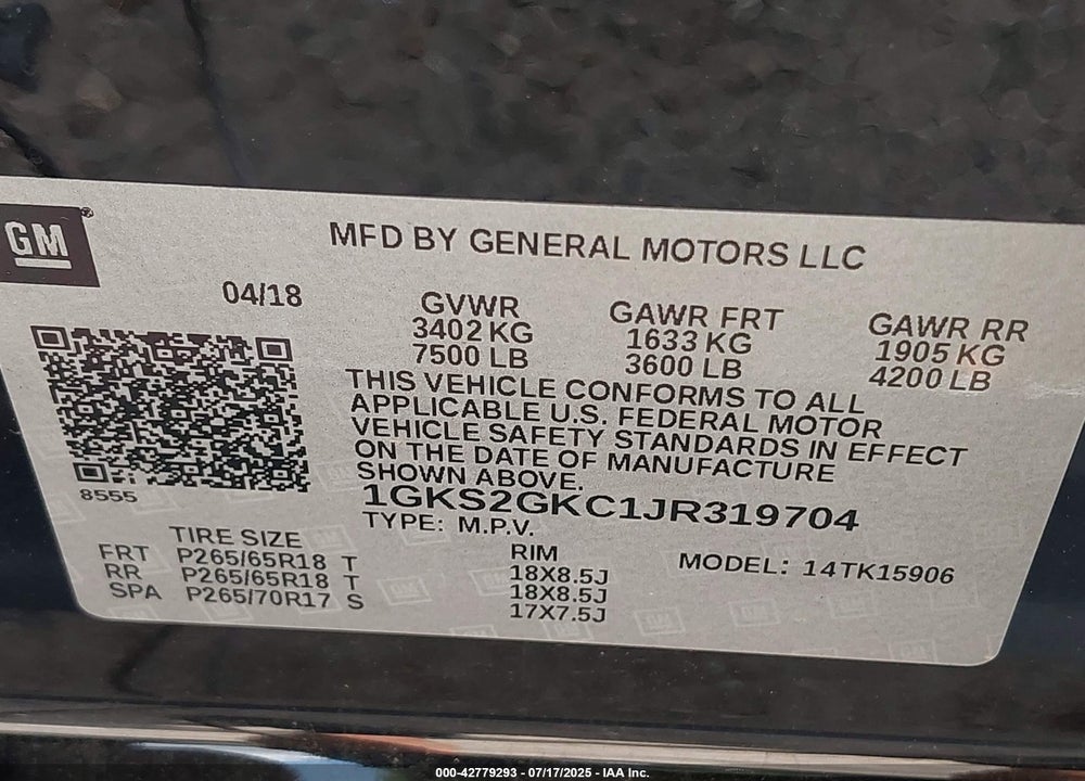 2018 GMC YUKON XL VIN: 1GKS2GKC1JR319704