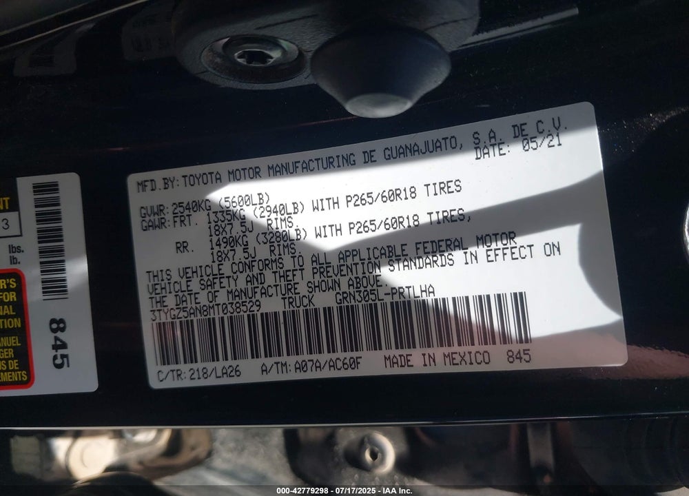 2021 TOYOTA TACOMA LIMITED VIN: 3TYGZ5AN8MT038529