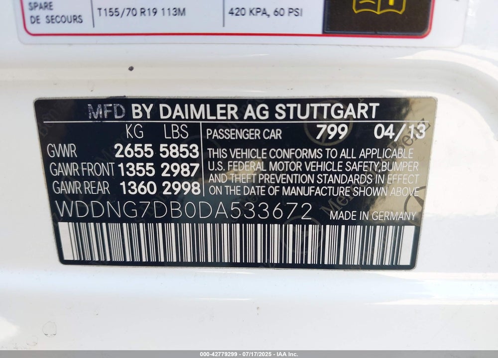 2013 MERCEDES-BENZ S CLASS VIN: WDDNG7DB0DA533672