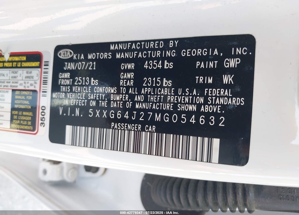 2021 KIA K5 GT LINE VIN: 5XXG64J27MG054632